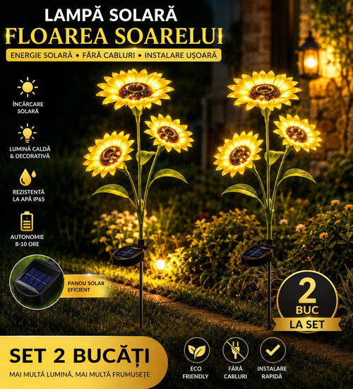 Set 2X Lămpi Solare Decorative Floarea Soarelui, Iluminare Caldă și Elegantă pentru Grădină, Terasă și Alei, Flori Luminoase cu Încărcare Solară și Aprindere Automată
