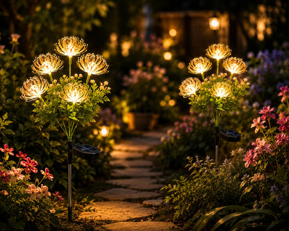 Set 2X Lămpi Solare Decorative Tip Crizantemă LED, Iluminare Caldă pentru Grădină, Terasă și Alei, Încărcare Solară Automată, Rezistente la Apă IP65, Flori Luminoase pentru Decor Exterior