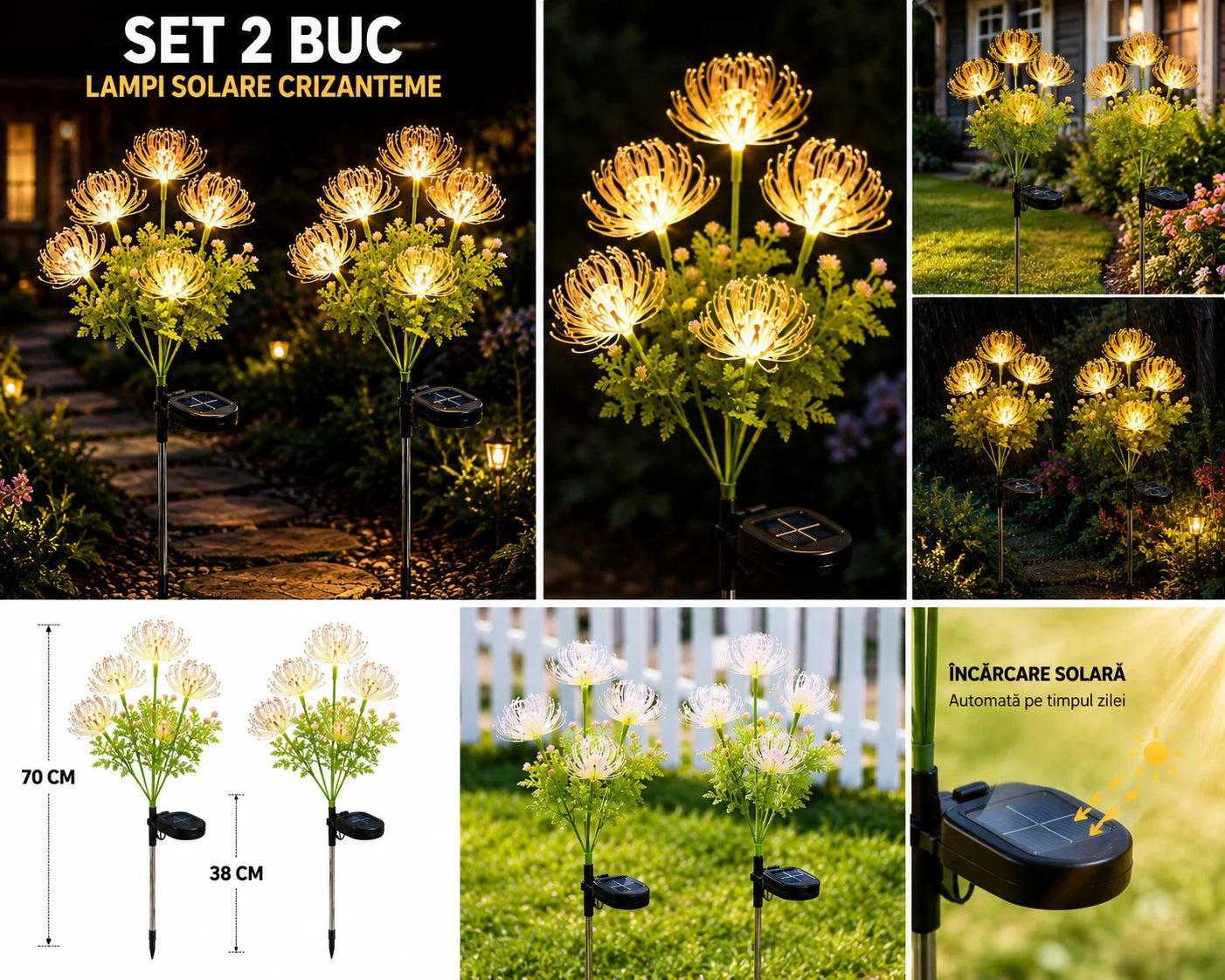 Set 2X Lămpi Solare Decorative Tip Crizantemă LED, Iluminare Caldă pentru Grădină, Terasă și Alei, Încărcare Solară Automată, Rezistente la Apă IP65, Flori Luminoase pentru Decor Exterior