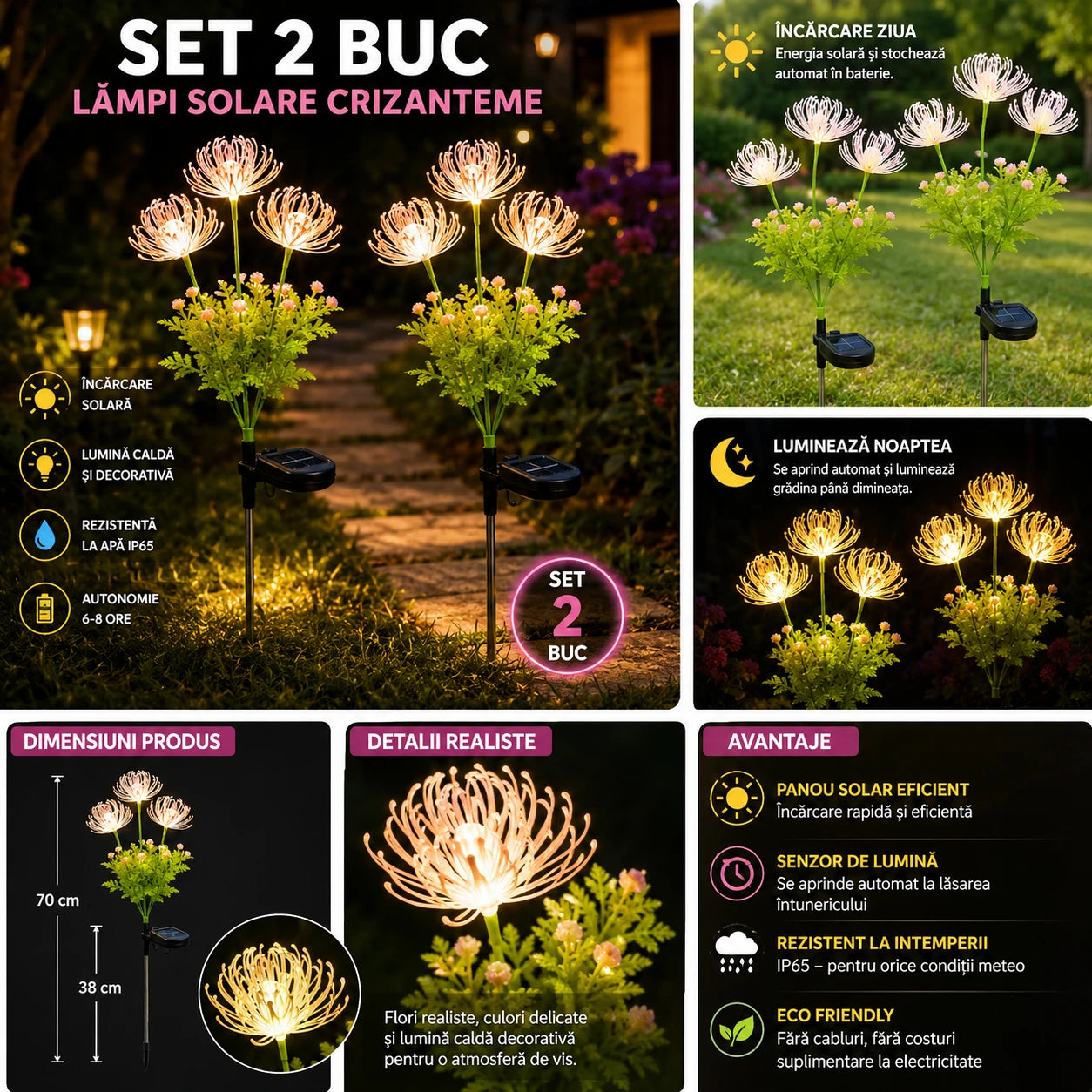 Set 2X Lămpi Solare Decorative Tip Crizantemă LED, Iluminare Caldă pentru Grădină, Terasă și Alei, Încărcare Solară Automată, Rezistente la Apă IP65, Flori Luminoase pentru Decor Exterior