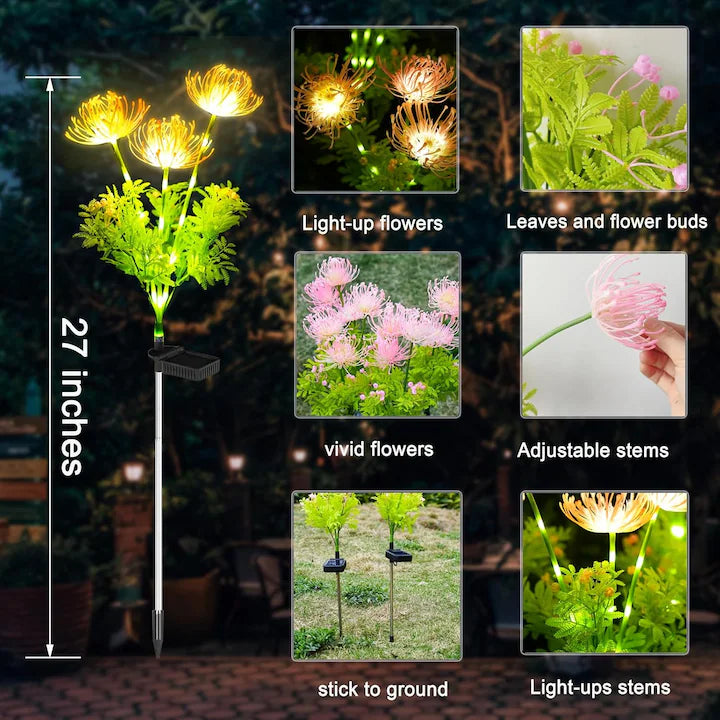 Set 2X Lămpi Solare Decorative Tip Crizantemă LED, Iluminare Caldă pentru Grădină, Terasă și Alei, Încărcare Solară Automată, Rezistente la Apă IP65, Flori Luminoase pentru Decor Exterior