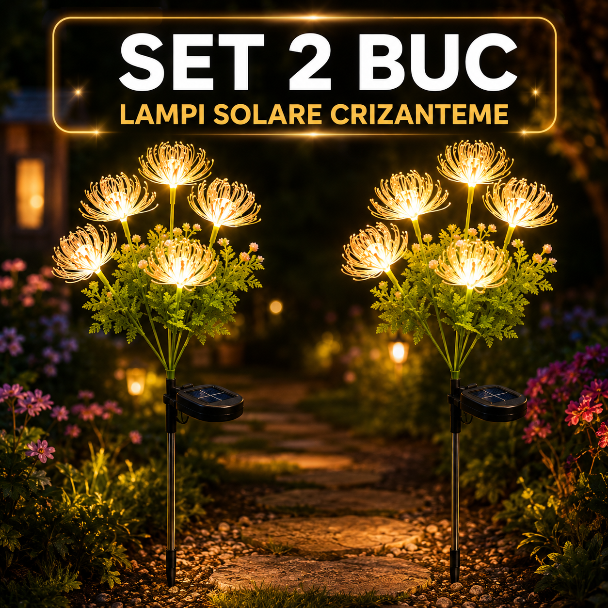 Set 2X Lămpi Solare Decorative Tip Crizantemă LED, Iluminare Caldă pentru Grădină, Terasă și Alei, Încărcare Solară Automată, Rezistente la Apă IP65, Flori Luminoase pentru Decor Exterior
