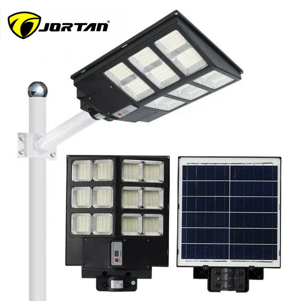 Set 2x Lampi Solare LED, Jortan, 600W, cu incarcare solara, panou fotovoltaic, senzor de miscare, suport metalic, telecomanda