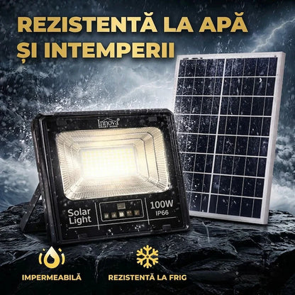 Set 2X Proiector solar 100W Pro Light 7600 Lumeni, LED Ultra Luminos, Control din Telecomanda, Autonomie Pana la 12 Ore, IP66 Senzor de lumina