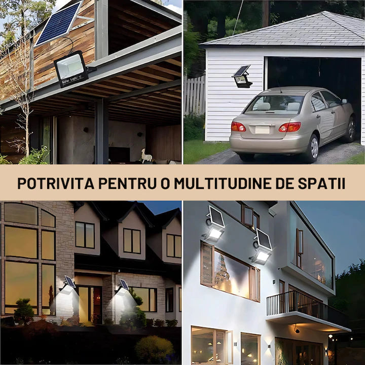 Set 2X Proiector solar 100W Pro Light 7600 Lumeni, LED Ultra Luminos, Control din Telecomanda, Autonomie Pana la 12 Ore, IP66 Senzor de lumina