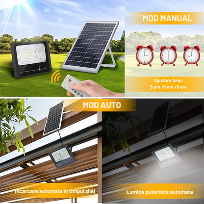 Set 2X Proiector solar 100W Pro Light 7600 Lumeni, LED Ultra Luminos, Control din Telecomanda, Autonomie Pana la 12 Ore, IP66 Senzor de lumina