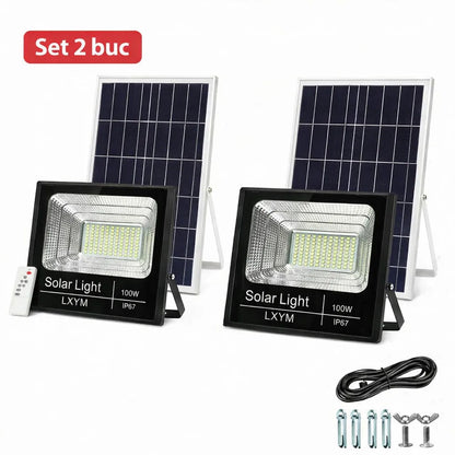 Set 2X Proiector solar 100W Pro Light 7600 Lumeni, LED Ultra Luminos, Control din Telecomanda, Autonomie Pana la 12 Ore, IP66 Senzor de lumina