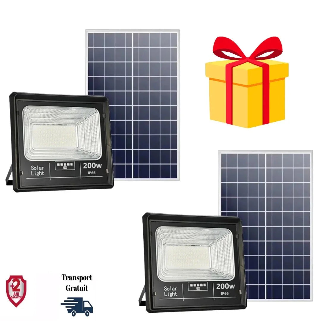 Set 2X Proiector solar LED 200W Jortan, 9000 Lumeni Ultra light cu Telecomanda, Suport prindere inclus, Panou Fotovoltaic, Autonomie Mare, Senzor de lumina Protectie IP66