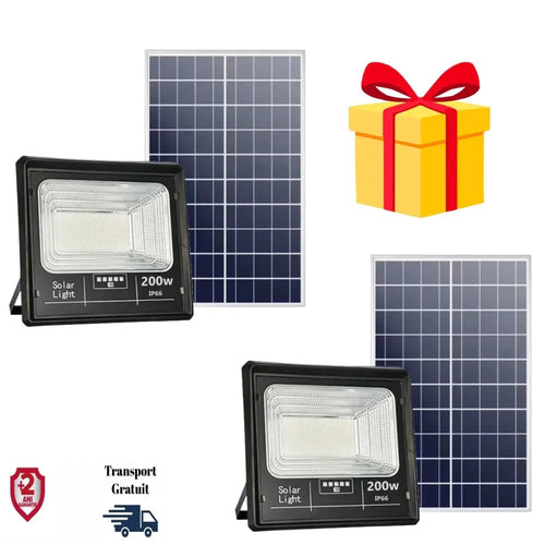 Set 2X Proiector solar LED 200W Jortan, 9000 Lumeni Ultra light cu Telecomanda, Suport prindere inclus, Panou Fotovoltaic, Autonomie Mare, Senzor de lumina Protectie IP66
