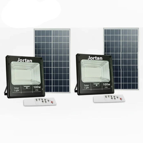 Set 2X Proiector solar LED Jortan 100W, 7500 Lumeni cu Telecomanda, Suport prindere inclus, Panou Fotovoltaic, Autonomie Mare, Senzor de lumina Protectie IP66