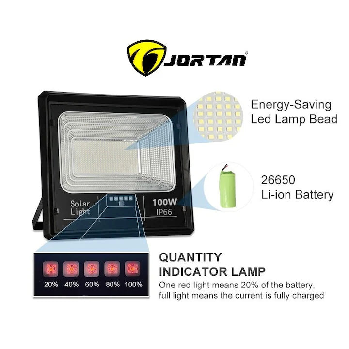 Set 2X Proiector solar LED Jortan 100W, 7500 Lumeni cu Telecomanda, Suport prindere inclus, Panou Fotovoltaic, Autonomie Mare, Senzor de lumina Protectie IP66