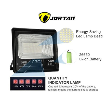 Set 2X Proiector solar LED Jortan 100W, 7500 Lumeni cu Telecomanda, Suport prindere inclus, Panou Fotovoltaic, Autonomie Mare, Senzor de lumina Protectie IP66