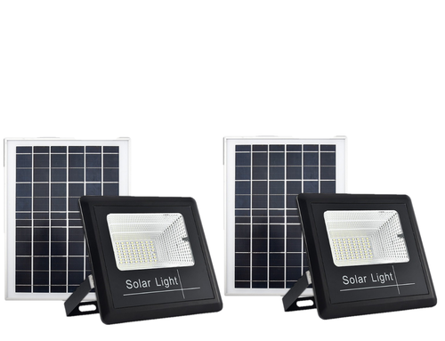 Set 2X Proiector solar LED, Jortan 50W, Corp iluminat, cu incarcare solara, Panou fotovoltaic separat, suport, telecomanda