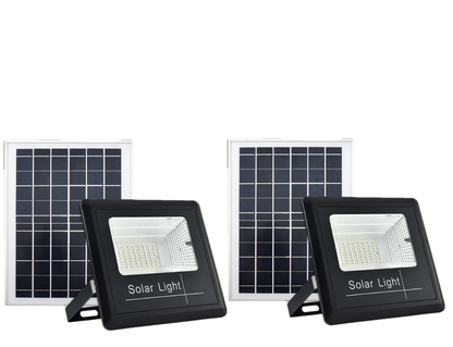 Set 2X Proiector solar LED, Jortan 50W, Corp iluminat, cu incarcare solara, Panou fotovoltaic separat, suport, telecomanda