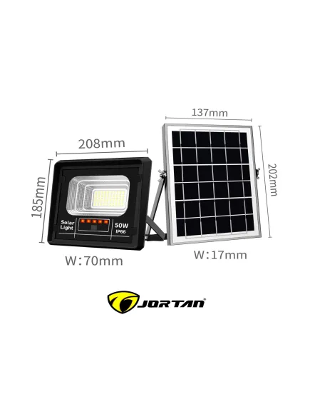 Set 2X Proiector solar LED, Jortan 50W, Corp iluminat, cu incarcare solara, Panou fotovoltaic separat, suport, telecomanda