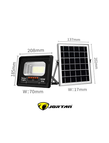 Set 2X Proiector solar LED, Jortan 50W, Corp iluminat, cu incarcare solara, Panou fotovoltaic separat, suport, telecomanda
