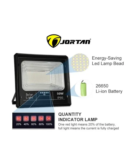 Set 2X Proiector solar LED, Jortan 50W, Corp iluminat, cu incarcare solara, Panou fotovoltaic separat, suport, telecomanda