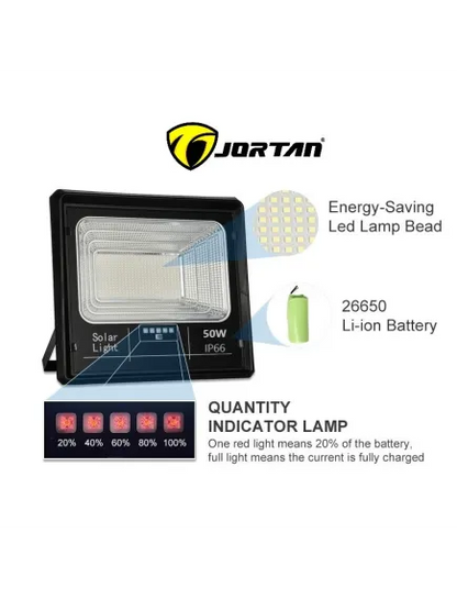 Set 2X Proiector solar LED, Jortan 50W, Corp iluminat, cu incarcare solara, Panou fotovoltaic separat, suport, telecomanda