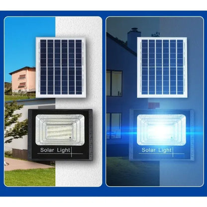 Set 2X Proiector solar LED, Jortan 50W, Corp iluminat, cu incarcare solara, Panou fotovoltaic separat, suport, telecomanda