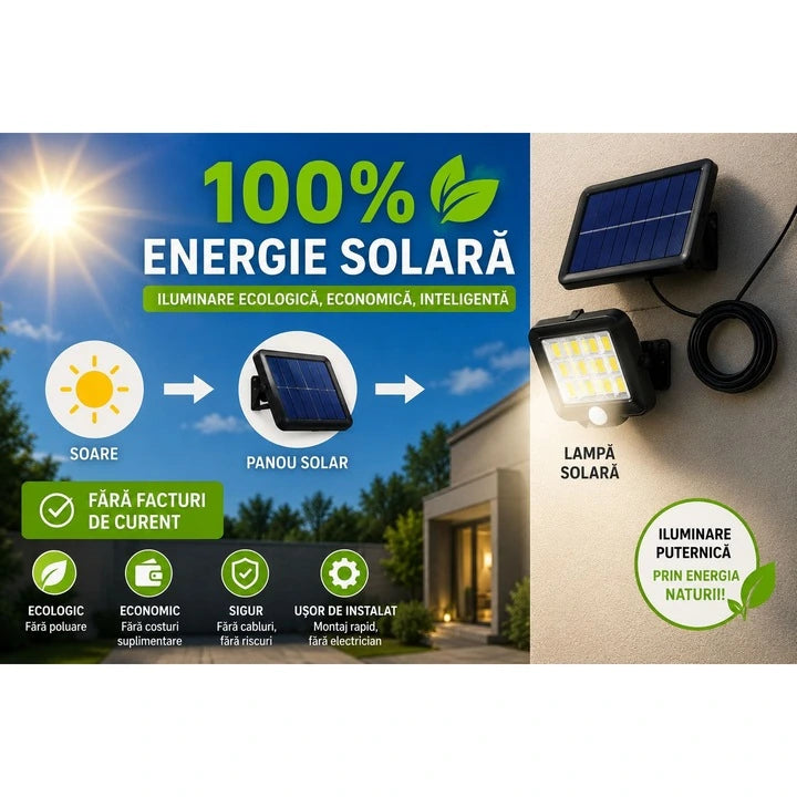 Set 3+1 Gratis Lămpi Solare LED COB de Exterior, 120 LED, Panou Solar Separat, Telecomanda Senzor de Mișcare Telecomandă, 3 Moduri de Iluminare, Cablu 5 Metri, Autonomie până la 12 Ore, Rezistență la Apă IP65