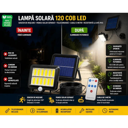 Set 3+1 Gratis Lămpi Solare LED COB de Exterior, 120 LED, Panou Solar Separat, Telecomanda Senzor de Mișcare Telecomandă, 3 Moduri de Iluminare, Cablu 5 Metri, Autonomie până la 12 Ore, Rezistență la Apă IP65