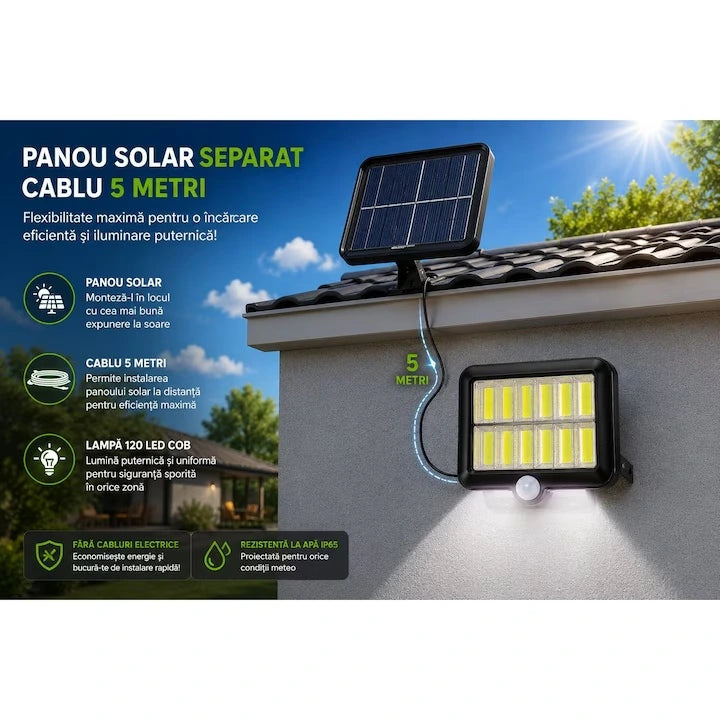 Set 3+1 Gratis Lămpi Solare LED COB de Exterior, 120 LED, Panou Solar Separat, Telecomanda Senzor de Mișcare Telecomandă, 3 Moduri de Iluminare, Cablu 5 Metri, Autonomie până la 12 Ore, Rezistență la Apă IP65