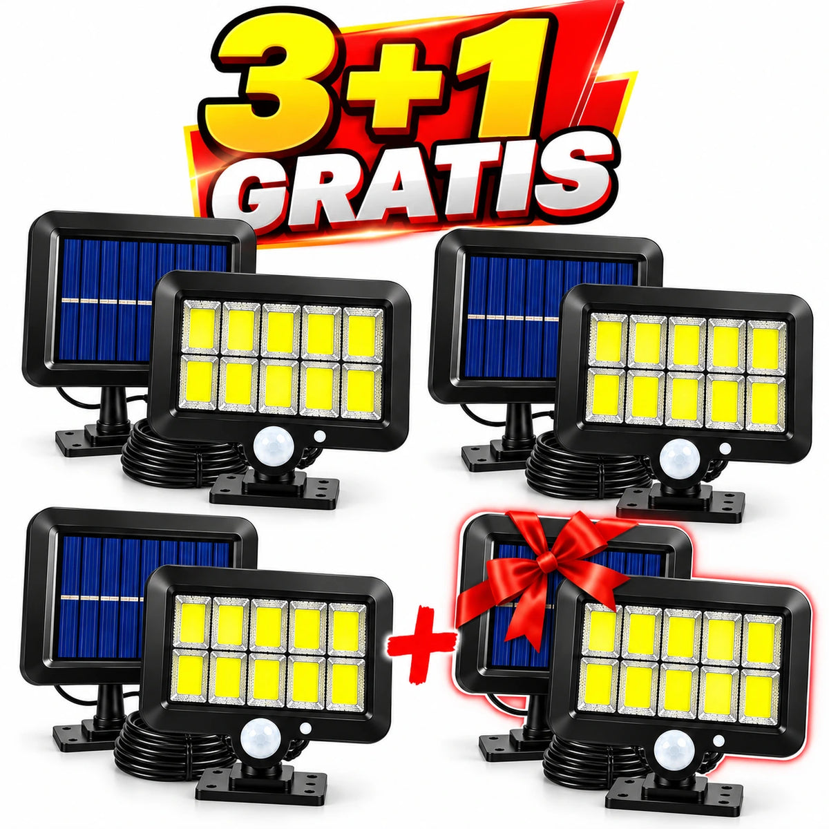 Set 3+1 Gratis Lămpi Solare LED COB de Exterior, 120 LED, Panou Solar Separat, Telecomanda Senzor de Mișcare Telecomandă, 3 Moduri de Iluminare, Cablu 5 Metri, Autonomie până la 12 Ore, Rezistență la Apă IP65