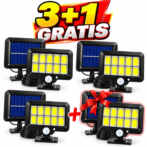 Set 3+1 Gratis Lămpi Solare LED COB de Exterior, 120 LED, Panou Solar Separat, Telecomanda Senzor de Mișcare Telecomandă, 3 Moduri de Iluminare, Cablu 5 Metri, Autonomie până la 12 Ore, Rezistență la Apă IP65