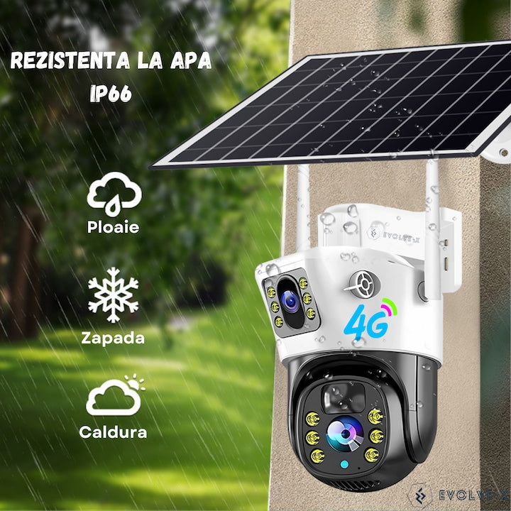 Set 3X Camera de supraveghere 4G, Cu Panou Solar, 2 camere video integrate, 6MP, 4K, exterior, 10X zoom, procesor AI, rotire rapida din aplicatie, 2 lentile, vedere nocturna color, senzor de miscare, lumina LED, inteligenta de urmarire