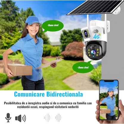 Set 3X Camera de supraveghere 4G, Cu Panou Solar, 2 camere video integrate, 6MP, 4K, exterior, 10X zoom, procesor AI, rotire rapida din aplicatie, 2 lentile, vedere nocturna color, senzor de miscare, lumina LED, inteligenta de urmarire