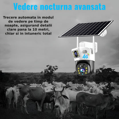Set 3X Camera de supraveghere 4G, Cu Panou Solar, 2 camere video integrate, 6MP, 4K, exterior, 10X zoom, procesor AI, rotire rapida din aplicatie, 2 lentile, vedere nocturna color, senzor de miscare, lumina LED, inteligenta de urmarire