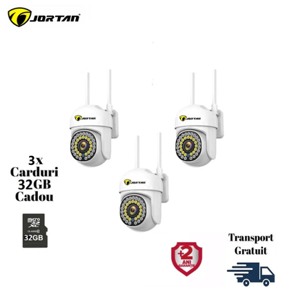 Set 3X Camera de supraveghere WIFI 3MP, Jortan Senzor de miscare, rotire rapida 360 grade, Sirena cu Alarma, Detectie umana, Vedere color noaptea, microfon audio bidirectional, 3X Carduri cadou