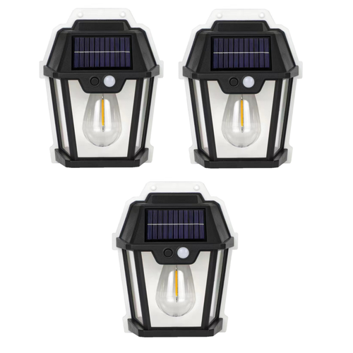 Set 3X Lampă Solară LED de Perete Tip Felinar Iluminat Exterior cu Senzor de Mișcare 8m, 3 Moduri Inteligente de lumina, Rezistență IP65, Fără Fir, Ideală pentru Curte și Grădină