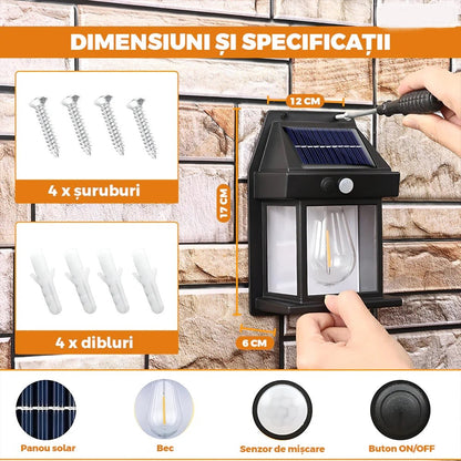 Set 3X Lampă Solară LED de Perete Tip Felinar Iluminat Exterior cu Senzor de Mișcare 8m, 3 Moduri Inteligente de lumina, Rezistență IP65, Fără Fir, Ideală pentru Curte și Grădină