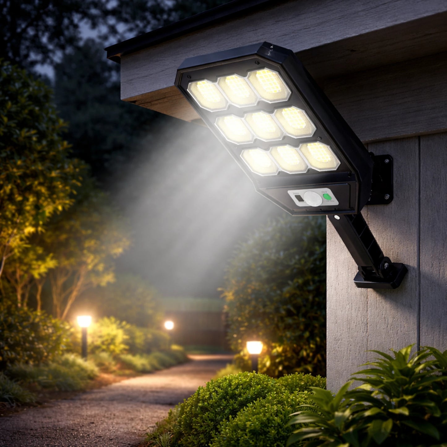Set 3X Lampi cu Incarcare Solara 9 celule 300W Jortan, 6000 Lumeni, 280 LED-uri COB, telecomanda, Senzor de Miscare, Autonomie 12 ore Protectie IP66