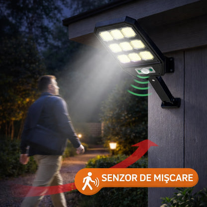 Set 3X Lampi cu Incarcare Solara 9 celule 300W Jortan, 6000 Lumeni, 280 LED-uri COB, telecomanda, Senzor de Miscare, Autonomie 12 ore Protectie IP66