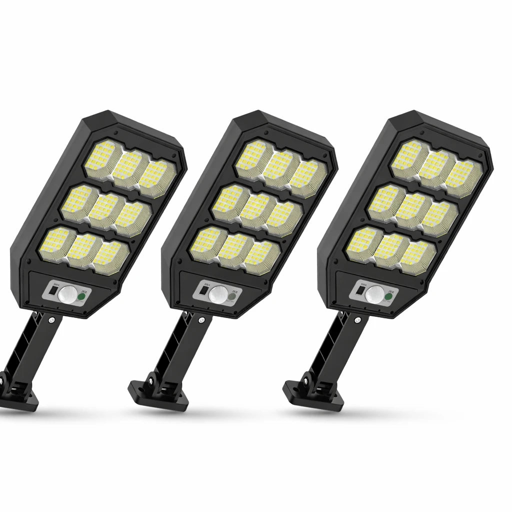 Set 3X Lampi cu Incarcare Solara 9 celule 300W Jortan, 6000 Lumeni, 280 LED-uri COB, telecomanda, Senzor de Miscare, Autonomie 12 ore Protectie IP66