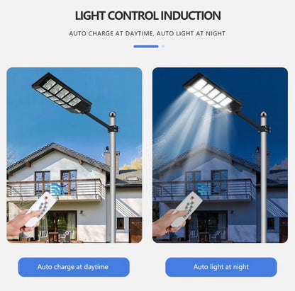 Set 3X Lampi solare LED stradala dubla Jortan® led smd, 1000 W, 3 moduri de functionare, Telecomanda de control, Suport metalic inclus