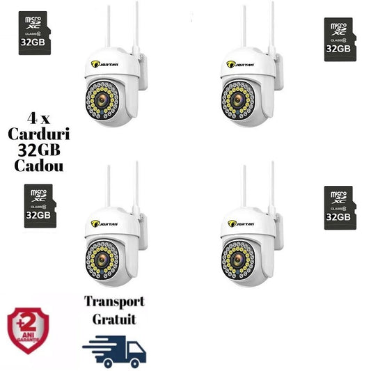 Set 4X Camera de supraveghere WIFI 3MP, Jortan Senzor de miscare, rotire rapida 360 grade, Sirena cu Alarma, Detectie umana, Vedere color noaptea, microfon audio bidirectional, 4X Carduri cadou