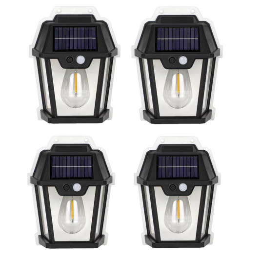Set 4X Lampă Solară LED de Perete Tip Felinar cu Senzor de Mișcare 8m Iluminat Exterior, 3 Moduri Inteligente de lumina, Rezistență IP65, Ideală pentru Curte și Grădină