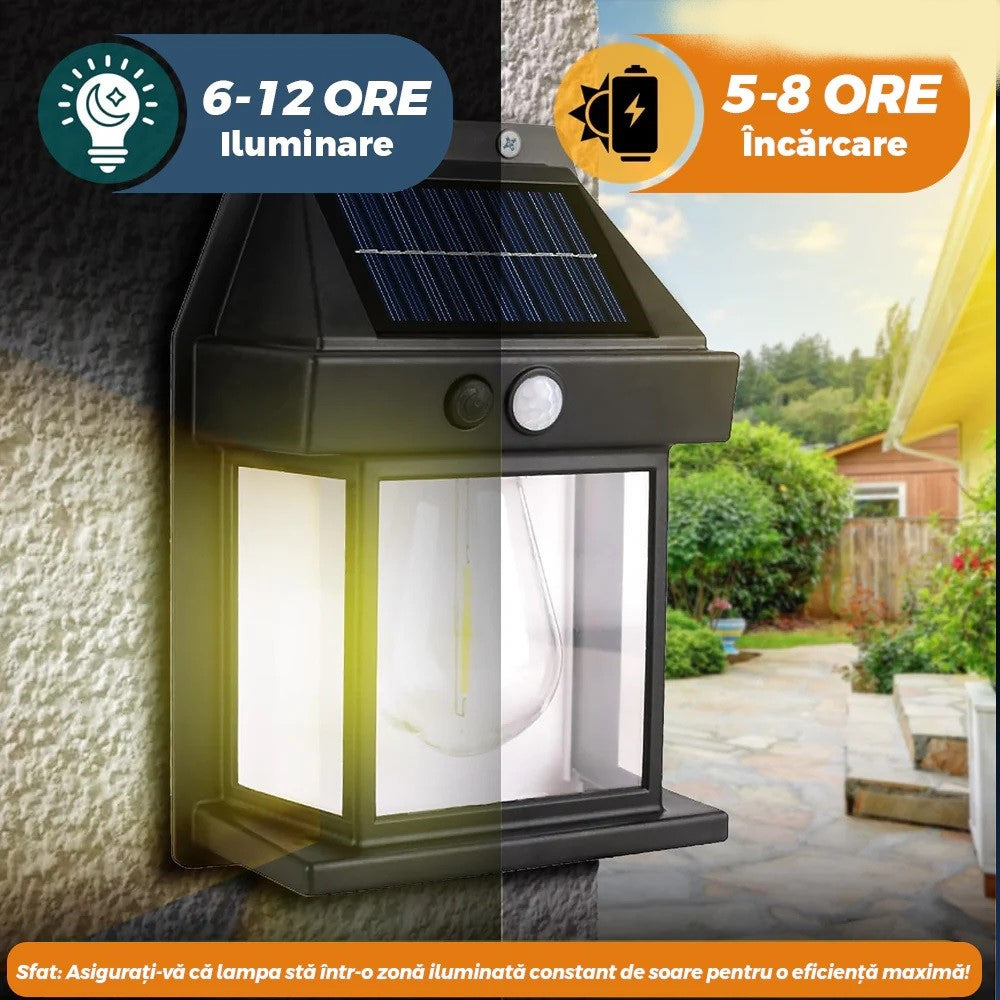 Set 4X Lampă Solară LED de Perete Tip Felinar cu Senzor de Mișcare 8m Iluminat Exterior, 3 Moduri Inteligente de lumina, Rezistență IP65, Ideală pentru Curte și Grădină