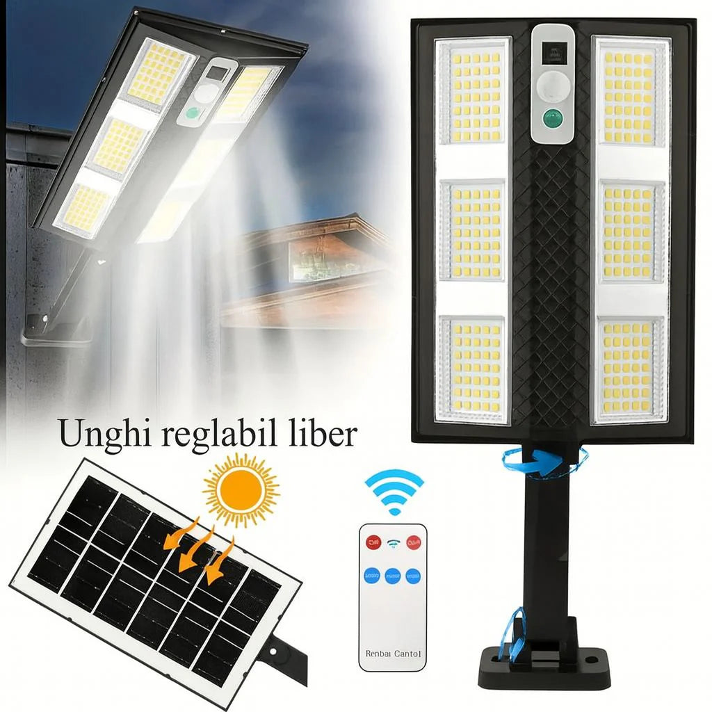 Set 4X Lampă Solara Stradală Exterior LED 200W, 2000 Lumeni, Senzor de Mișcare cu Telecomandă, 230 LED Next Gen, Autonomie până la 8 Ore, Panou Solar cu Încărcare Rapidă, Protecție IP66