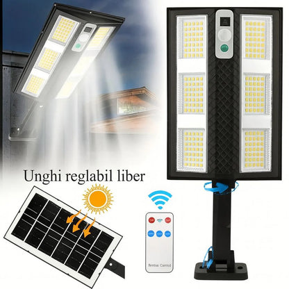 Set 4X Lampă Solara Stradală Exterior LED 200W, 2000 Lumeni, Senzor de Mișcare cu Telecomandă, 230 LED Next Gen, Autonomie până la 8 Ore, Panou Solar cu Încărcare Rapidă, Protecție IP66