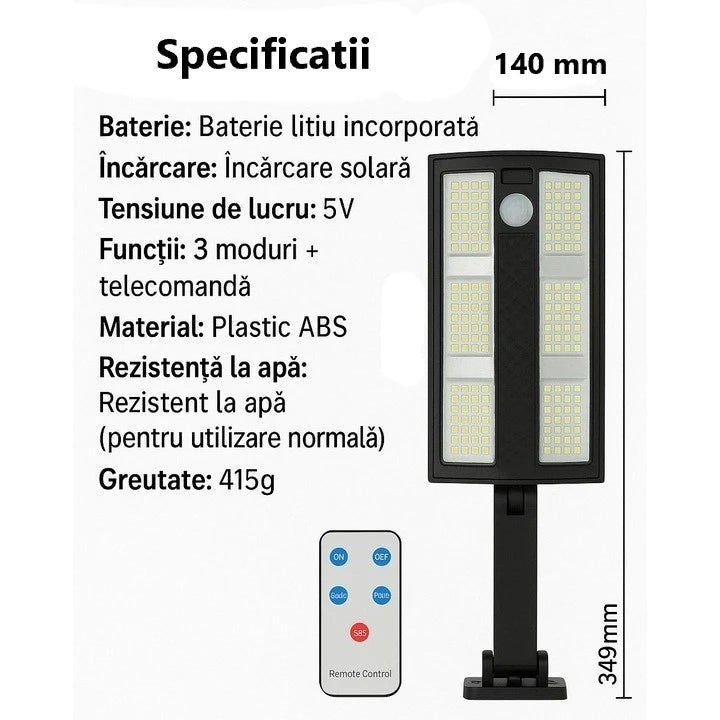 Set 4X Lampă Solara Stradală Exterior LED 200W, 2000 Lumeni, Senzor de Mișcare cu Telecomandă, 230 LED Next Gen, Autonomie până la 8 Ore, Panou Solar cu Încărcare Rapidă, Protecție IP66