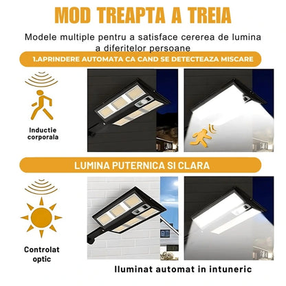 Set 4X Lampă Solara Stradală Exterior LED 200W, 2000 Lumeni, Senzor de Mișcare cu Telecomandă, 230 LED Next Gen, Autonomie până la 8 Ore, Panou Solar cu Încărcare Rapidă, Protecție IP66