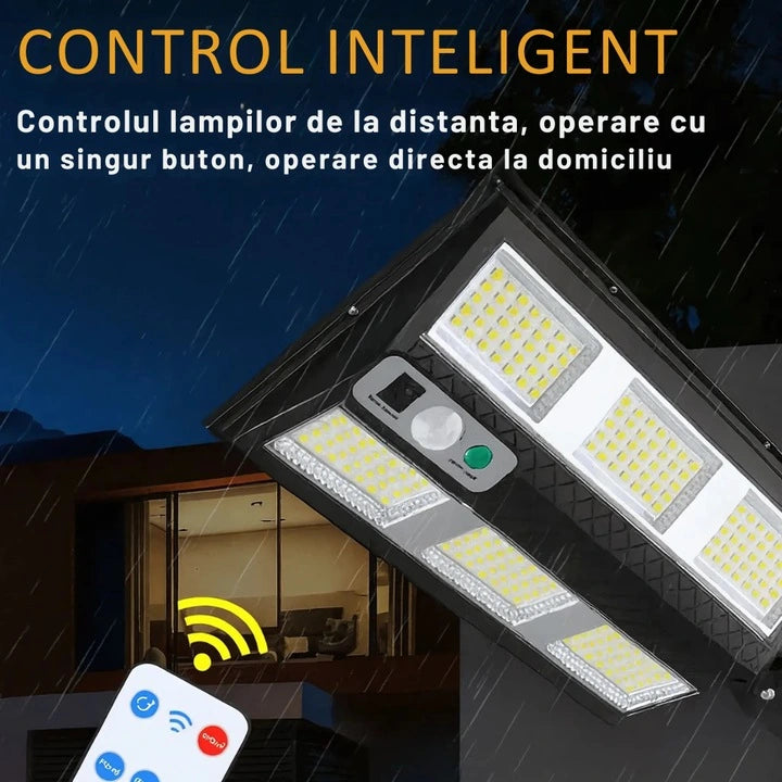 Set 4X Lampă Solara Stradală Exterior LED 200W, 2000 Lumeni, Senzor de Mișcare cu Telecomandă, 230 LED Next Gen, Autonomie până la 8 Ore, Panou Solar cu Încărcare Rapidă, Protecție IP66
