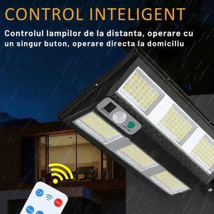 Set 4X Lampă Solara Stradală Exterior LED 200W, 2000 Lumeni, Senzor de Mișcare cu Telecomandă, 230 LED Next Gen, Autonomie până la 8 Ore, Panou Solar cu Încărcare Rapidă, Protecție IP66