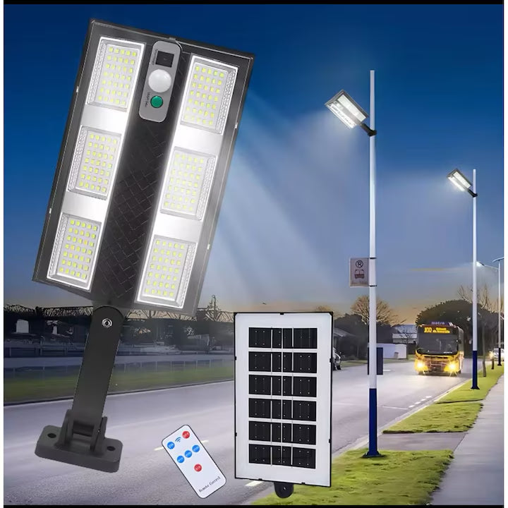 Set 4X Lampă Solara Stradală Exterior LED 200W, 2000 Lumeni, Senzor de Mișcare cu Telecomandă, 230 LED Next Gen, Autonomie până la 8 Ore, Panou Solar cu Încărcare Rapidă, Protecție IP66