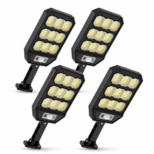 Set 4X Lampi cu Incarcare Solara 9 celule 300W Jortan, 6000 Lumeni, 280 LED-uri, 3 Moduri de iluminare, Autonomie 12 ore, Senzor de Miscare Telecomanda, Rezistenta la apa IP66