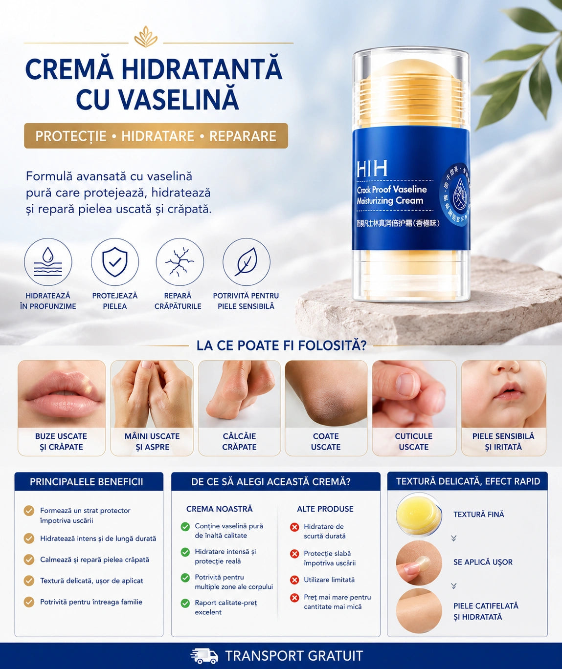 1+1 Cremă pentru Călcâie Crăpate, Mâini și Coate Vaseline Speciala HIH, Hidratare intensă Cu vitamina E și ceară de albine, stick/roll-on, 2x35g